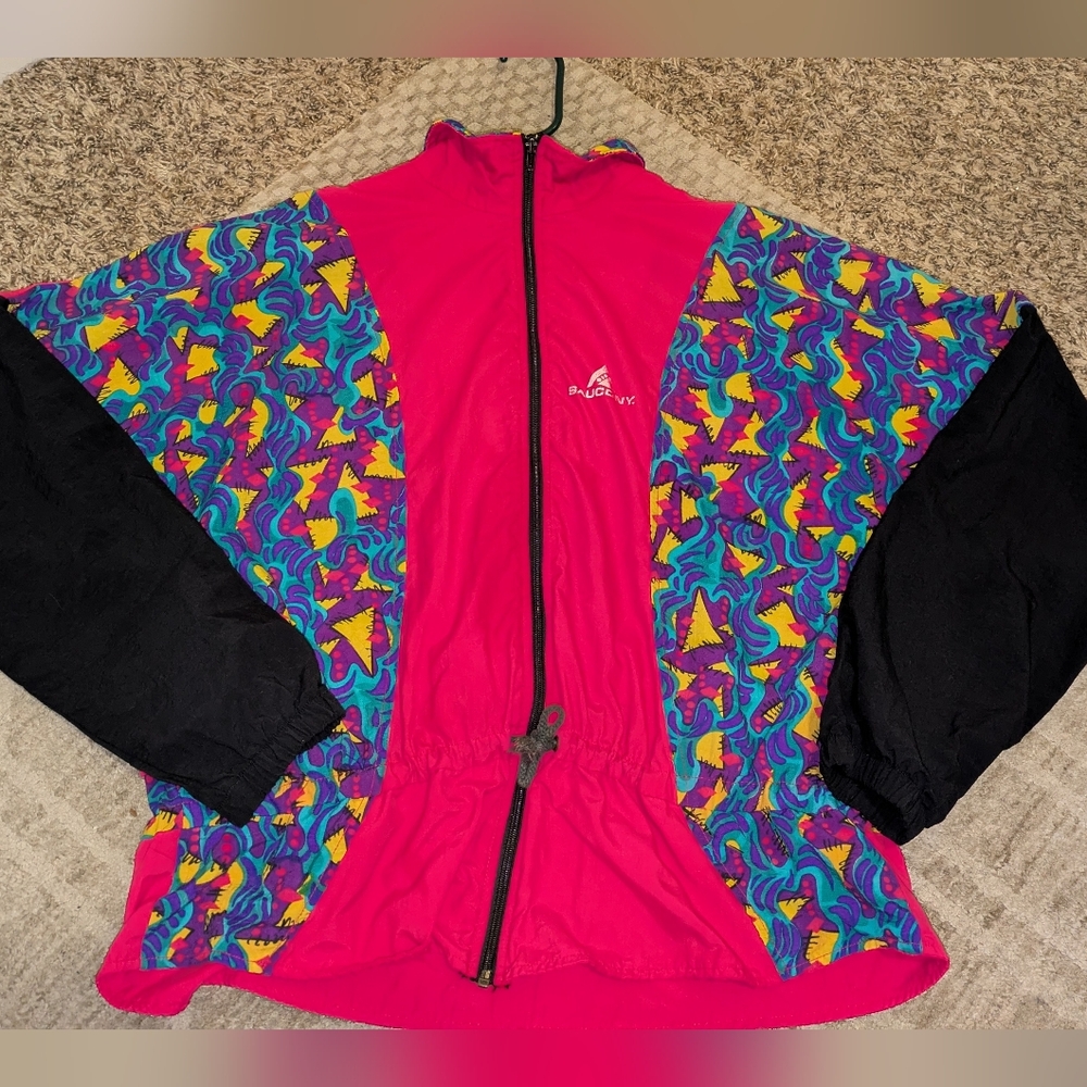 Saucony Women's Pink and Black Windbreaker Jacket Vintage 80's